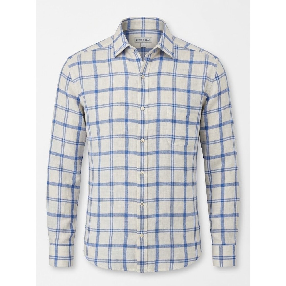 Peter Millar Mens Large Blue White Plaid 100% Linen Long Sleeve Button Shirt